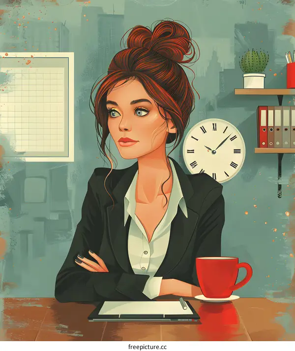 Illustration of a businesswoman in a suit sitting at her desk looking thoughtful