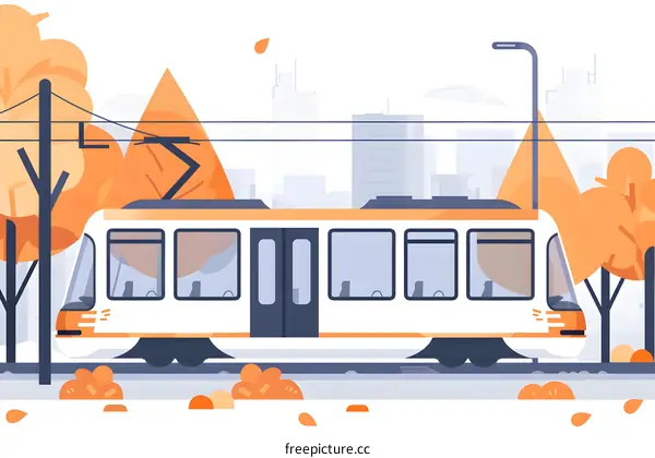 Tram on the Tracks in Autumn City