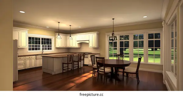 Modern Kitchen Design with White Cabinets and a Dining Area