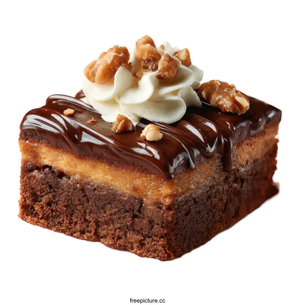 [Transparent Background PNG]Delicious Chocolate Brownie with Whipped Cream and Walnuts