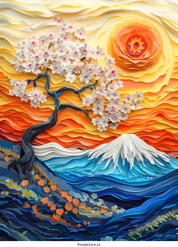 Mount Fuji and cherry blossoms in the style of Japanese paper cut