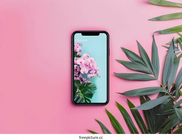 Pink Background Smartphone with Tropical Flowers and Green Leaves