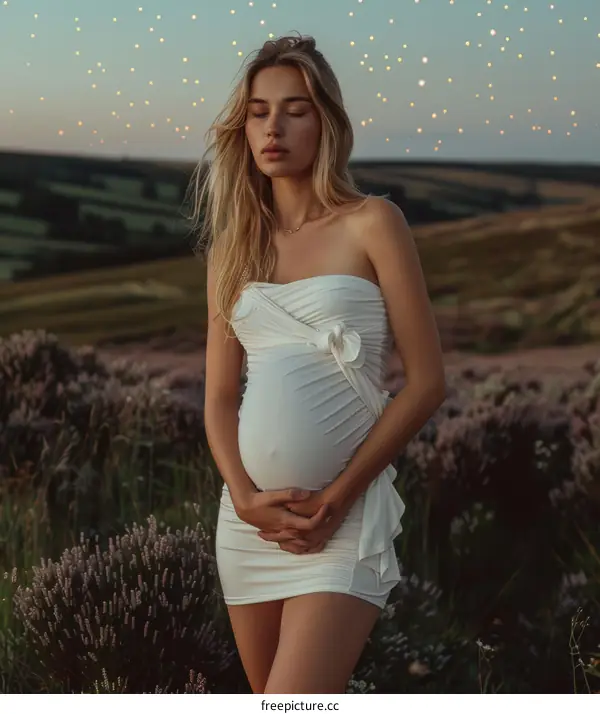 Pregnant woman standing in a field of lavender at sunset
