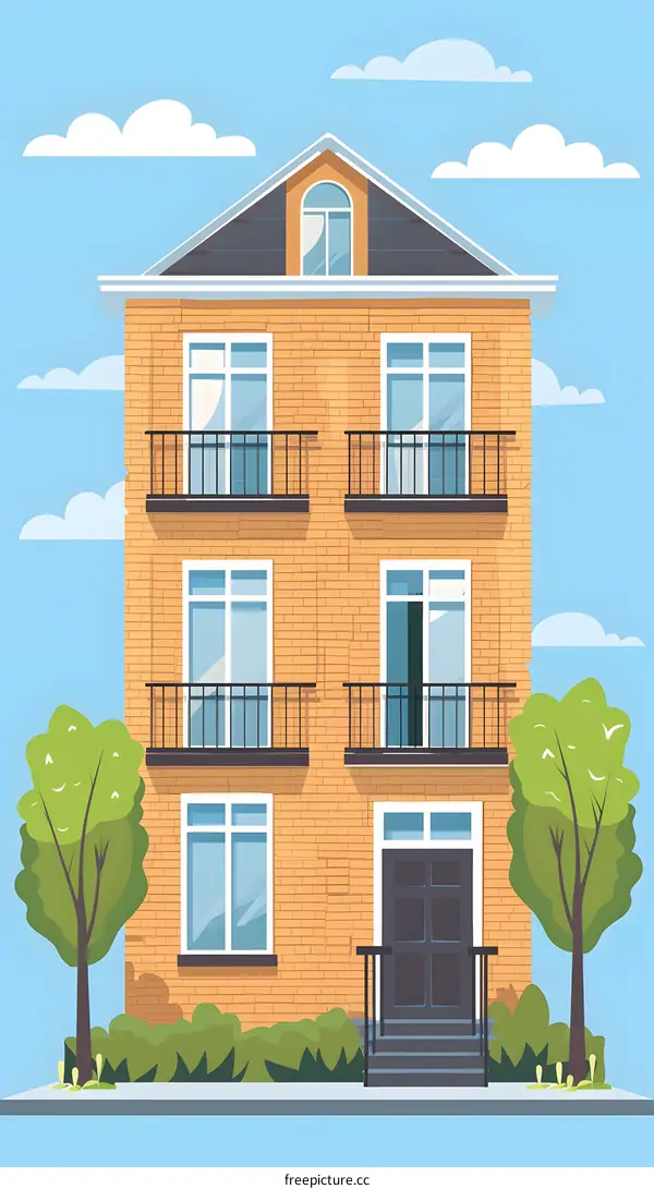 Cartoon Illustration of a Brick Building with Windows and a Door