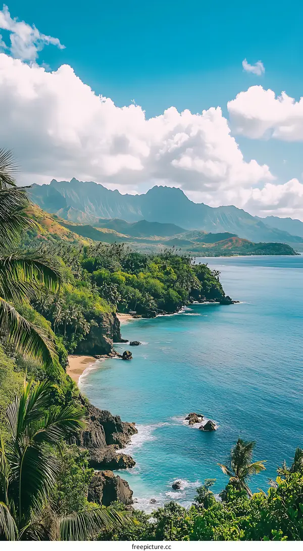 Tropical Coastline With Lush Green Vegetation And Mountains In The Background