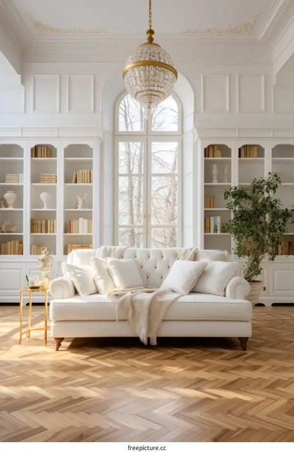 Elegant living room interior design with white sofa, bookshelves, and large windows