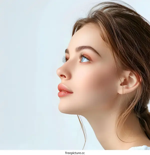 portrait of a beautiful young woman with brown hair and blue eyes