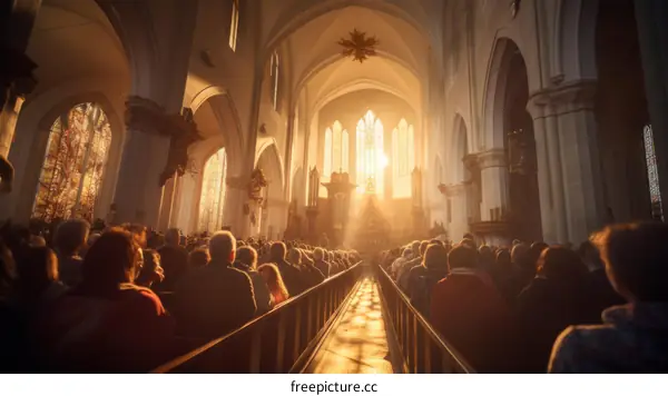 A large crowd gathers in a church with a beautiful stained glass window