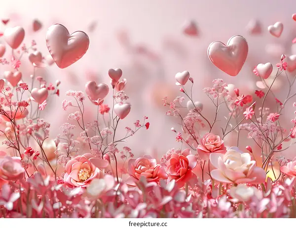Pink flowers and heart-shaped balloons