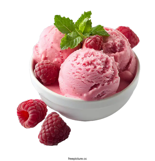 [Transparent Background PNG]Three scoops of raspberry ice cream in a white bowl