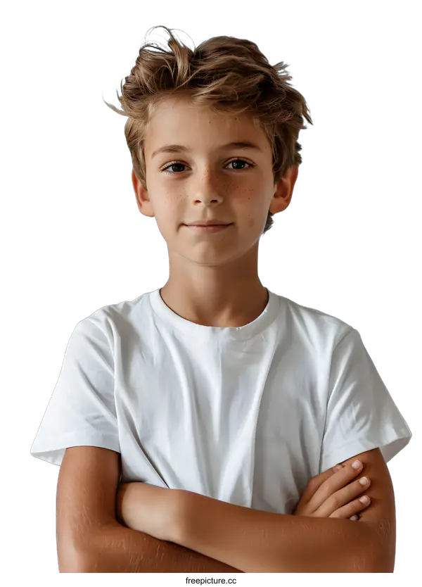 [Transparent Background PNG]Portrait of a young boy with freckles smiling with his arms crossed