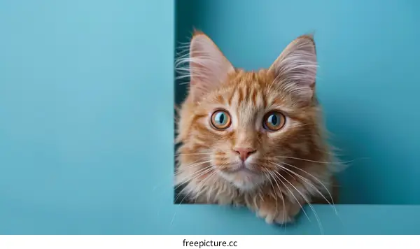 A ginger cat looking out of a blue box