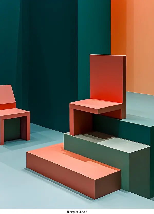 Abstract Minimalist Interior Design With Two Red Chairs On Steps