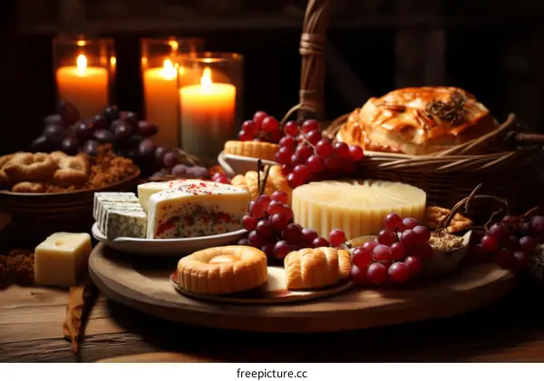 Rustic Still Life with Cheese, Grapes, and Bread