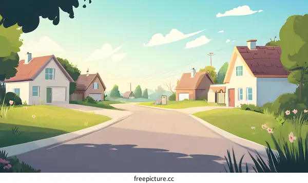 Cartoon Illustration of a Suburban Neighborhood Street
