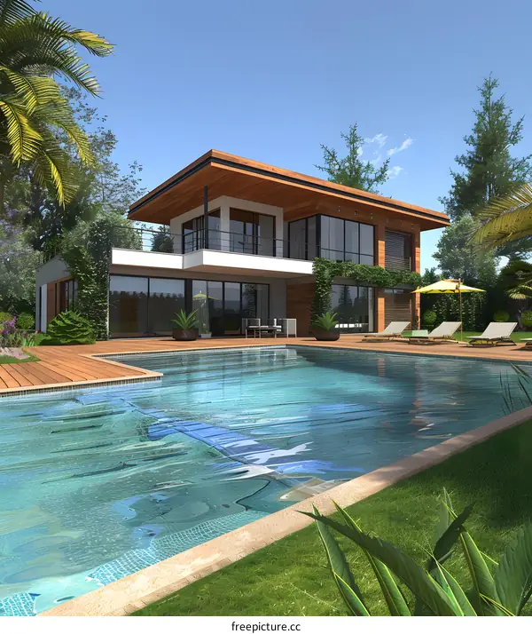 Modern House with Swimming Pool and Tropical Garden