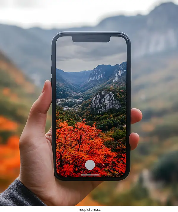 Hand Holding a Phone Capturing Mountain Landscape