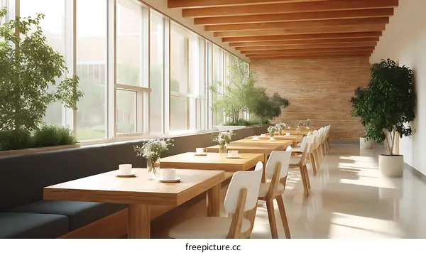 Modern Cafe Interior with Large Windows