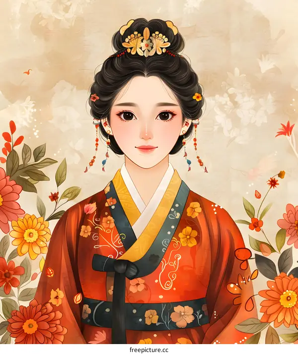 Beautiful Korean Woman in Traditional Hanbok Dress with Flowers