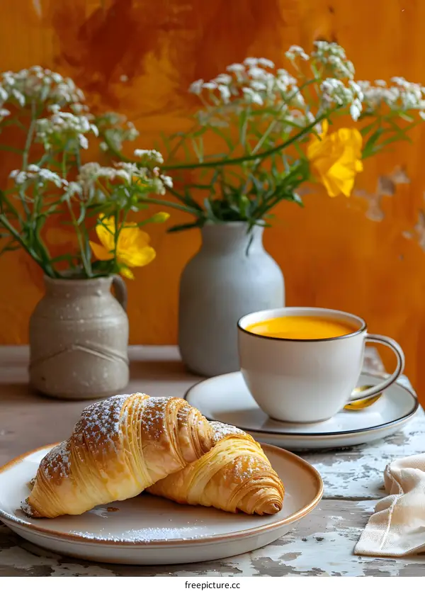 Fresh Croissants and Cup of Tea on Rustic Table