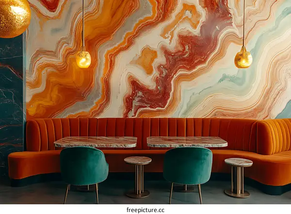 Orange and Green Interior Design With Marble Wall