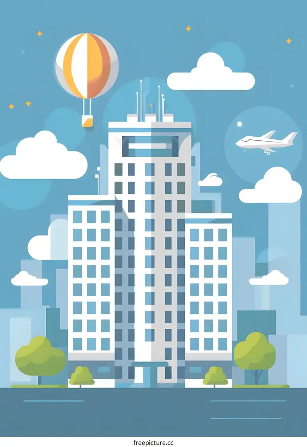 Modern Cityscape with Hot Air Balloon and Airplane