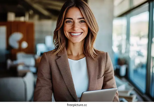 Smiling Business Woman Holding Tablet in Modern Office