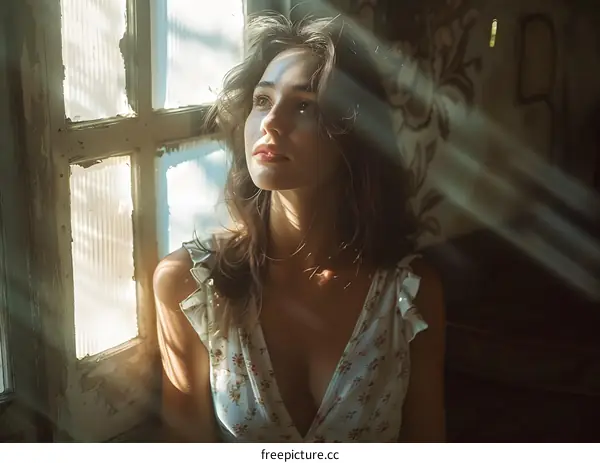 Woman with long brown hair in a white dress looking out a window