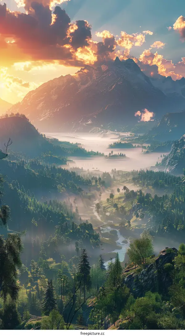 Fantasy Mountain Landscape with River and Fog