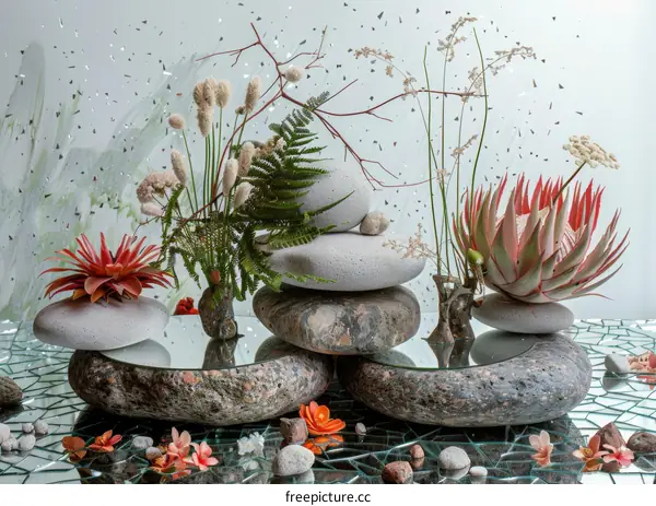 Still life with stones, protea and various other plants