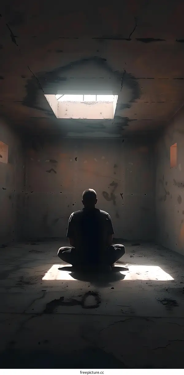 Man Sitting In A Concrete Room With A Skylight
