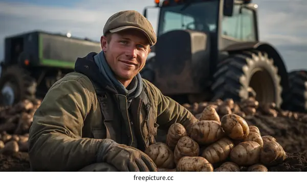 A farmer sits on a pile of potatoes in a field
