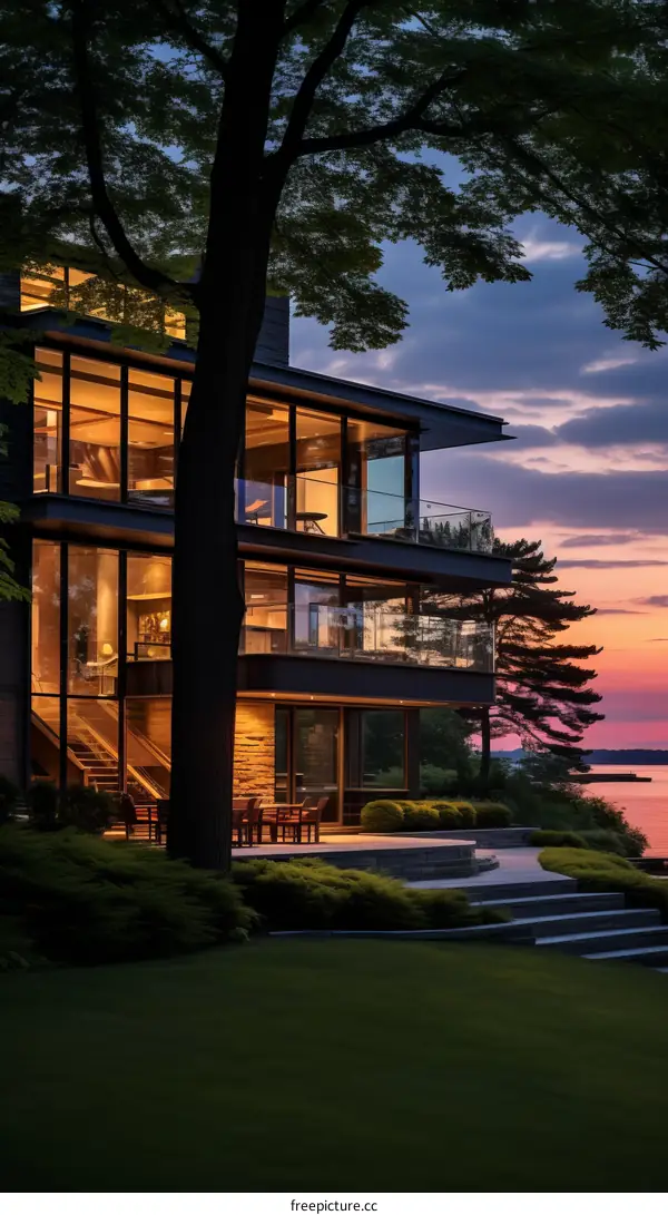 Modern lakeside home offering a picturesque sunset panorama