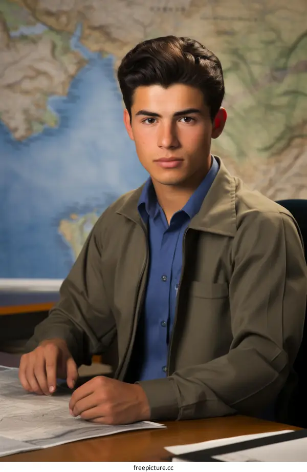Portrait of a young male student sitting at a desk in front of a world map