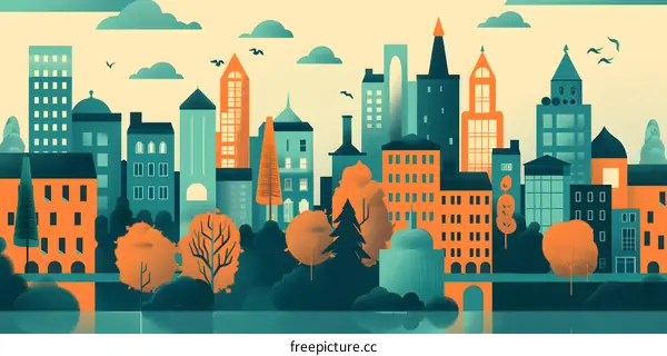 Cityscape Illustration with Orange and Teal Buildings and Trees