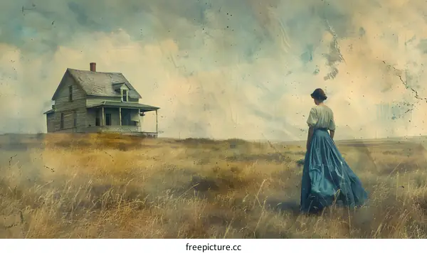 Vintage Woman in Field by Old House