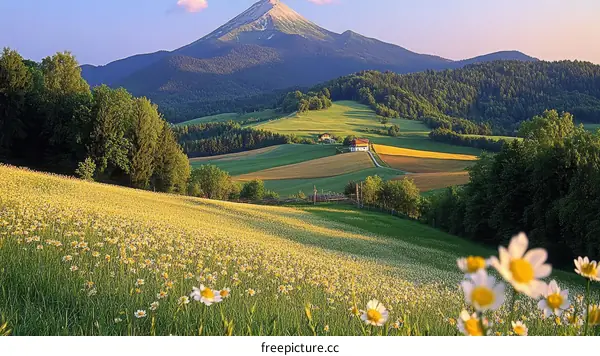 Beautiful Mountain Valley Landscape with Flowers
