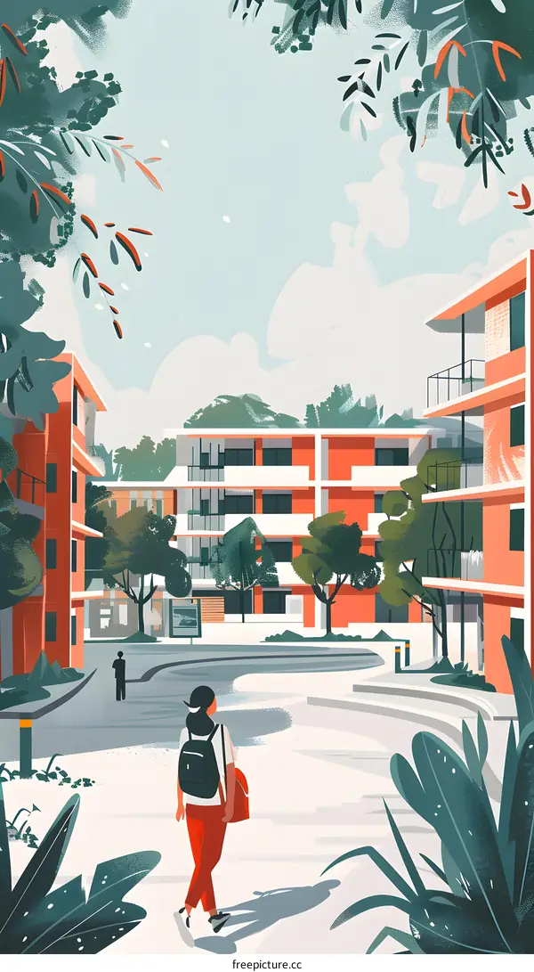 Illustration of a Girl Walking Through a Residential Area in a Sunny Day