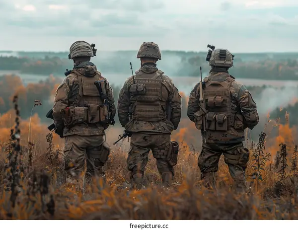 Three soldiers in combat gear looking out over a hilltop