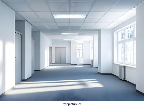 Empty Office Space with Grey Carpet and Windows