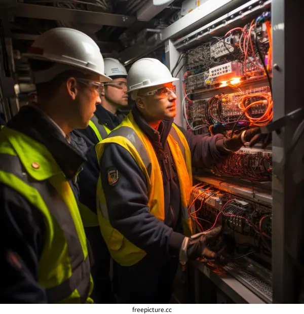 Three men in hard hats and safety vests inspect an electrical panel