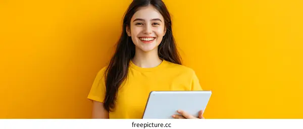 Smiling Woman Holding Tablet Against Yellow Background