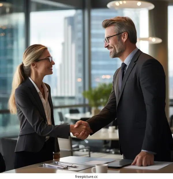 Business handshake between a man and a woman in suits