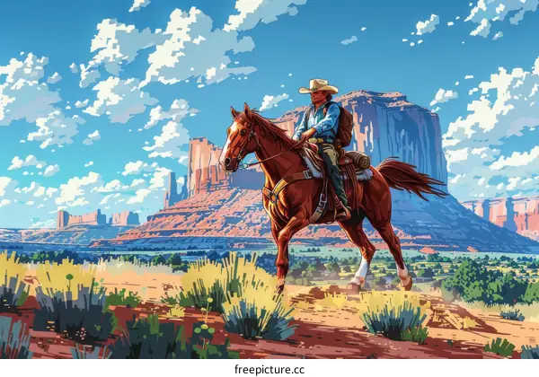 Cowboy riding horse in desert with mesa in background
