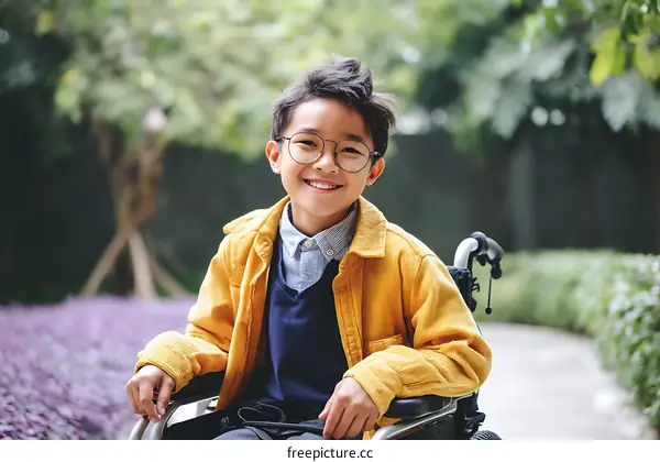 Smiling Boy in Wheelchair in Park