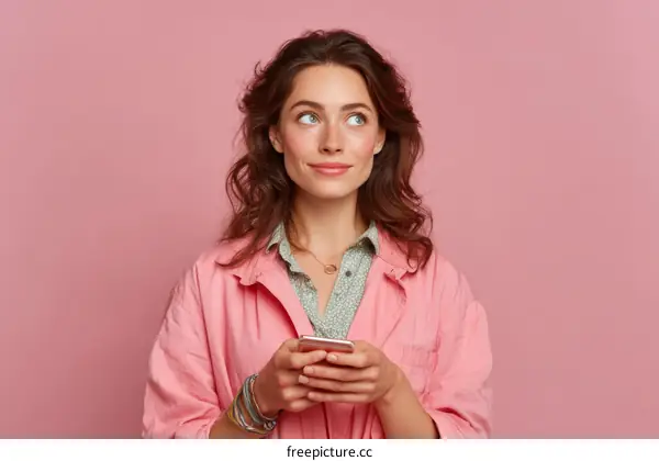 Thoughtful Woman Holding Smartphone Against Pink Background