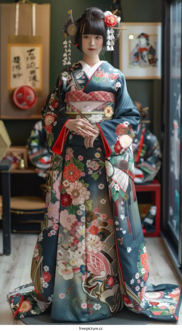 A woman wearing a kimono with floral patterns