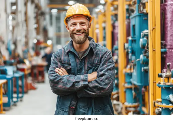 Smiling Caucasian Male Industrial Worker in Factory