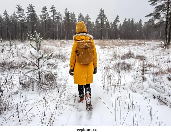 Woman in Yellow Winter Coat Walking Through Snowy Forest