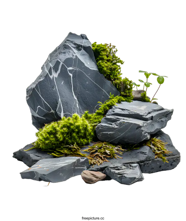 [Transparent Background PNG]Green Moss Growing on Rocks Isolated on White Background
